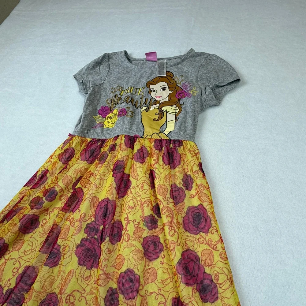 Disney Princess Belle Dress Kids Girls M 7-8 Grey Yellow High-Low Rose Mesh